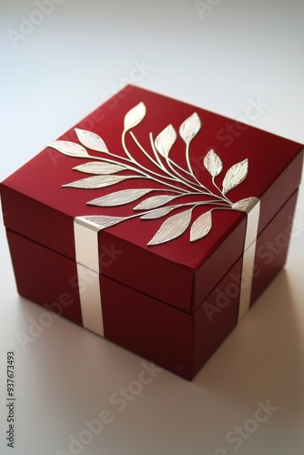 Elegant Red Gift Box with White Ribbon and Floral Decoration