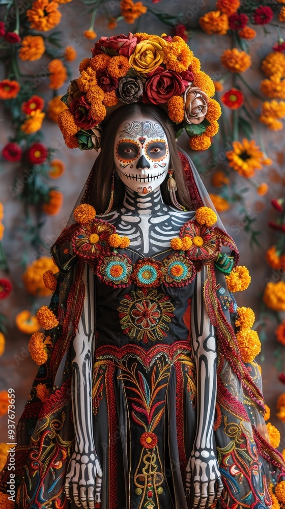Fototapeta premium Woman in Day of the Dead Makeup and Traditional Dress.