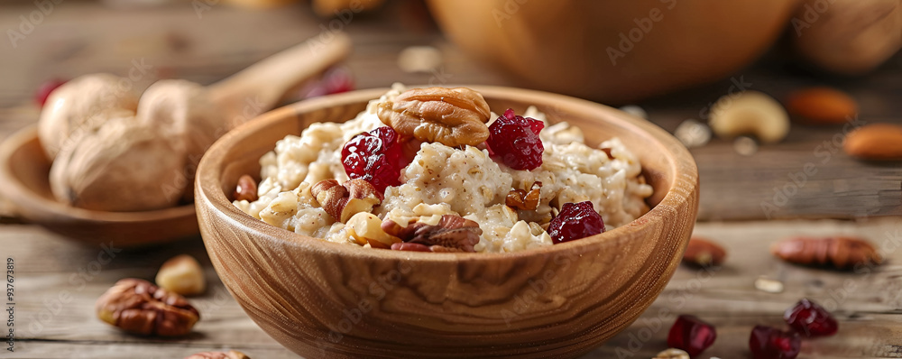 Nutritious Oatmeal with Walnuts in Rustic Wooden Bowl Nutritious Oatmeal with Walnuts in Rustic Wooden Bowl