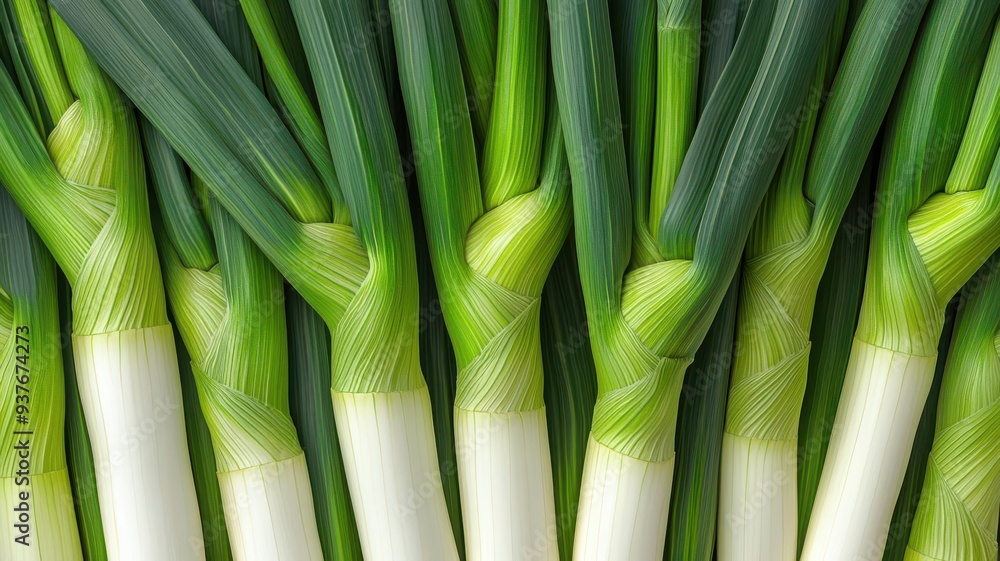 Fototapeta premium Fresh organic leeks, long green stalks, farm freshness, 3D illustration