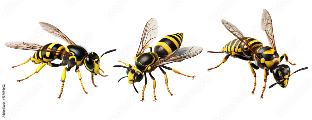Three detailed images of realistic wasps in various positions , PNG Three detailed images of realistic wasps in various positions , PNG