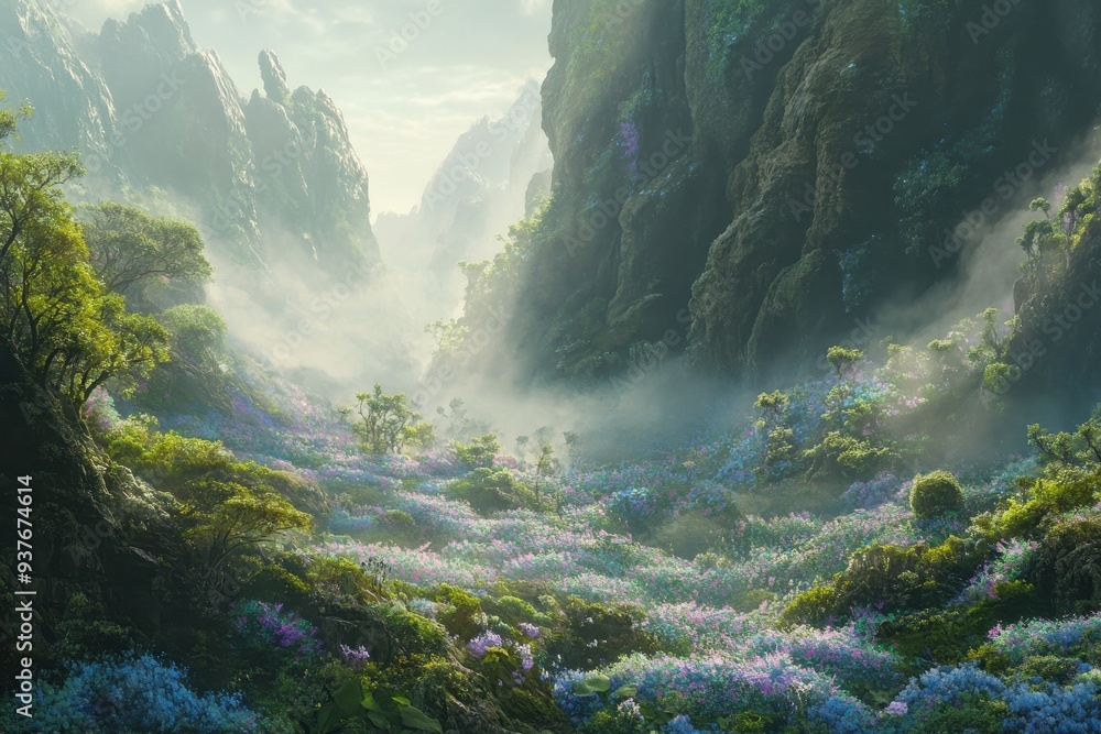 Misty Mountain Valley with a Field of Flowers Misty Mountain Valley with a Field of Flowers