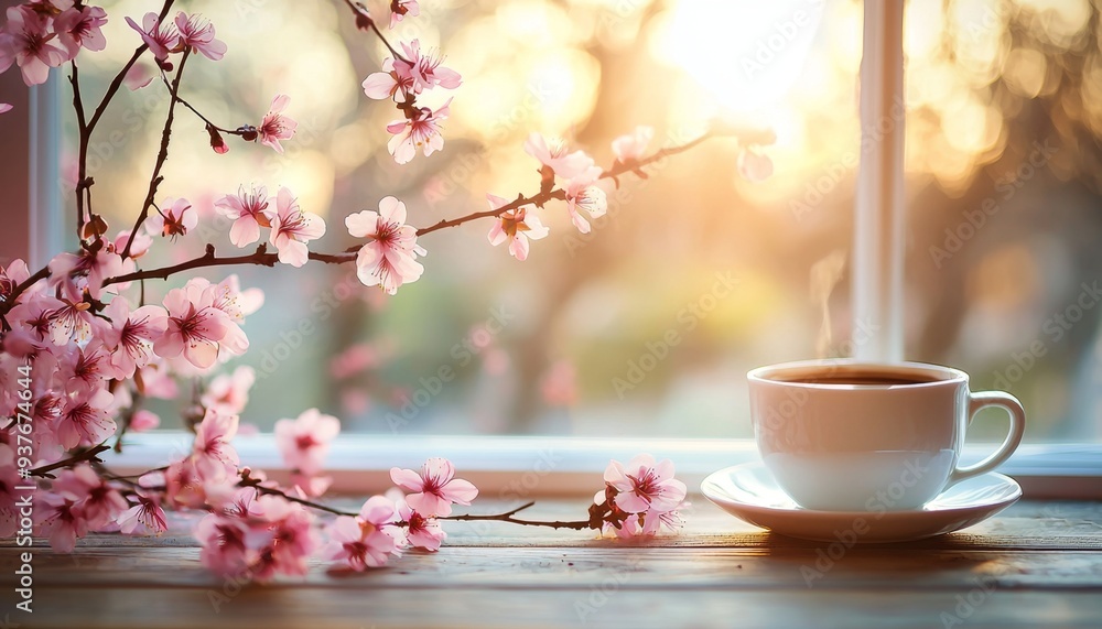 Cherry Blossom Serenity: Coffee Cup Amidst Spring Blooms Cherry Blossom Serenity: Coffee Cup Amidst Spring Blooms