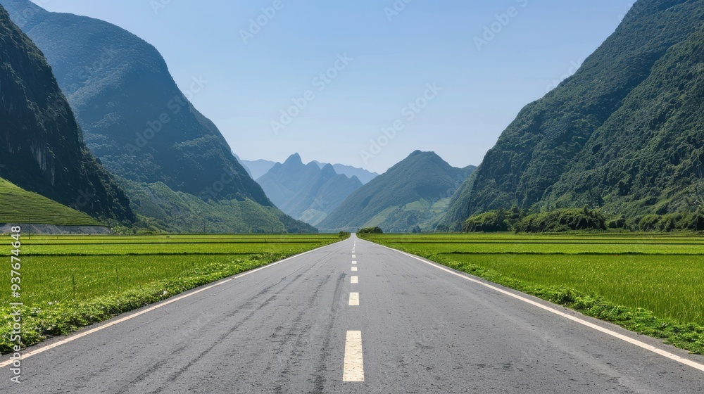 Fototapeta premium Straight Road Through Lush Mountain Valley