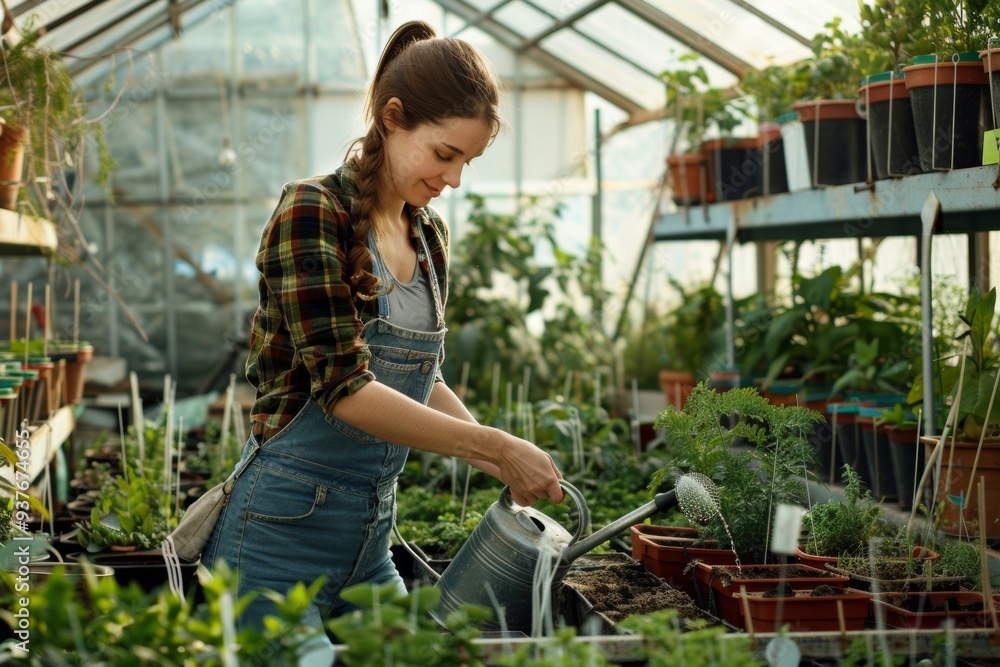 Woman watering plants in greenhouse Woman watering plants in greenhouse