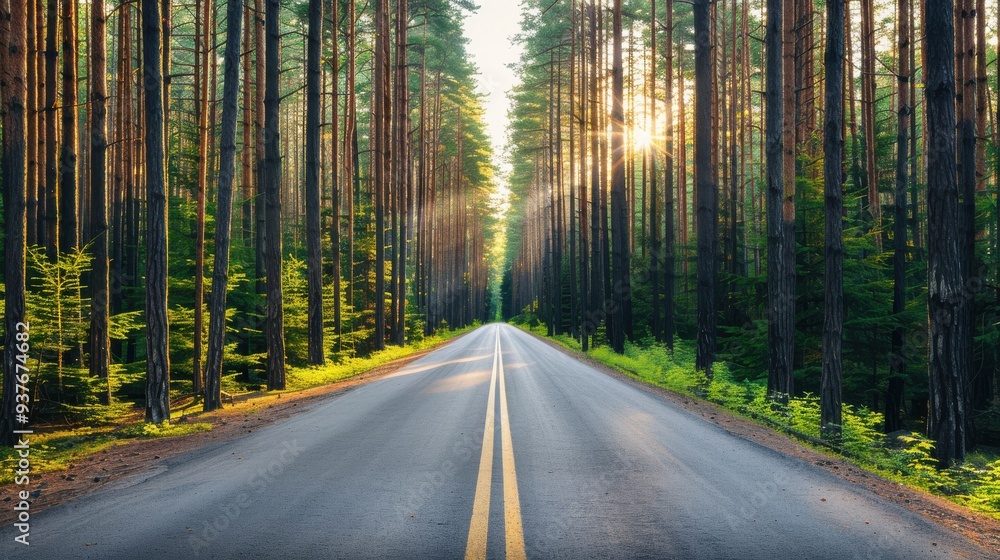 Obraz premium Straight Road Through Sunlit Pine Forest