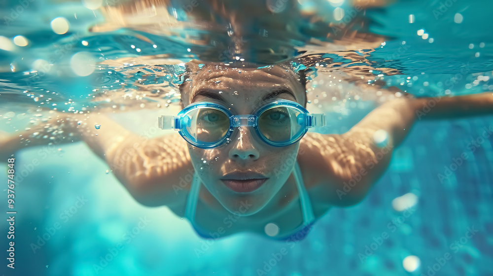 Naklejka premium Underwater Photo of Friends in Swimming Pool: Underwater photo capturing young friends