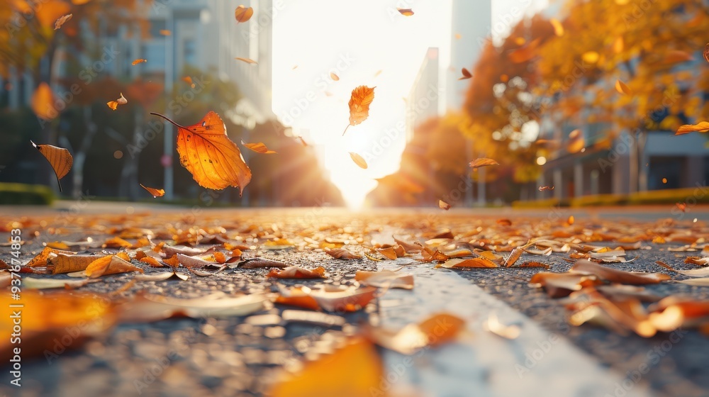 Falling Autumn Leaves on Sunlit City Street Falling Autumn Leaves on Sunlit City Street