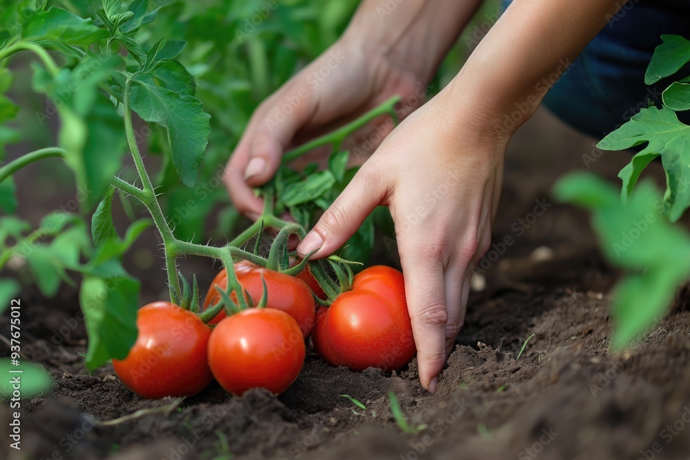 Hands gathering ripe red tomatoes crop near the ground Hands gathering ripe red tomatoes crop near the ground