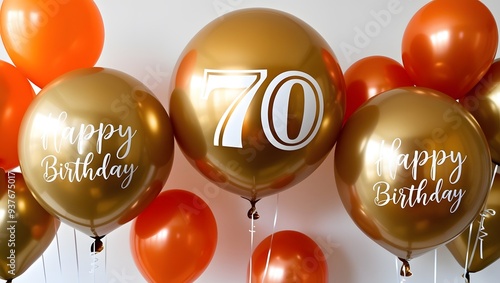 Gold and Orange Helium Balloons with '70' and 'Happy Birthday' Text