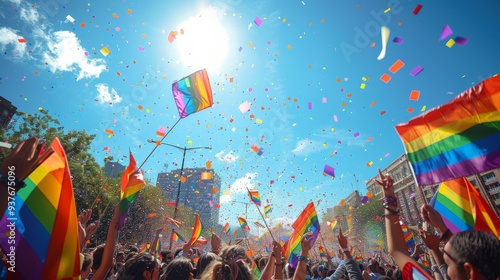 Colorful celebration of pride with rainbow flags waving under a bright summer sky in a bustling city parade. Generative AI