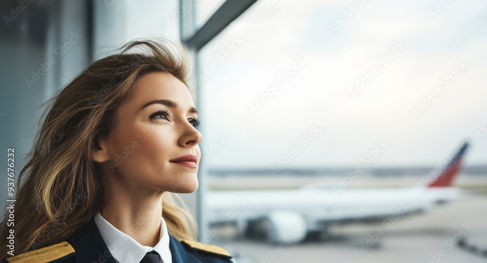 Female pilot looking out of airport window, reflecting on upcoming flight, calm and focused, selective focus, copy space
Female pilot looking out of airport window, reflecting on upcoming flight, calm and focused, selective focus, copy space