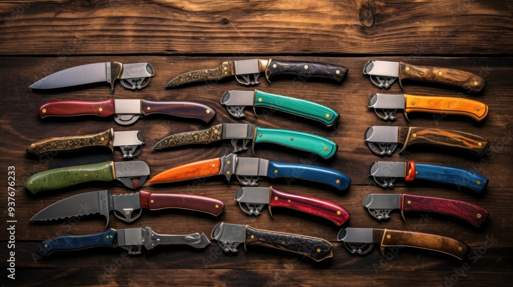 Collection of Handmade Knives on a Wooden Background Collection of Handmade Knives on a Wooden Background