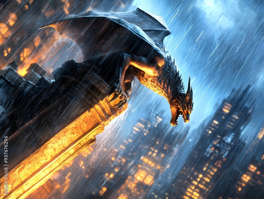 Dragon Gargoyle in a City Storm. Dragon Gargoyle in a City Storm.