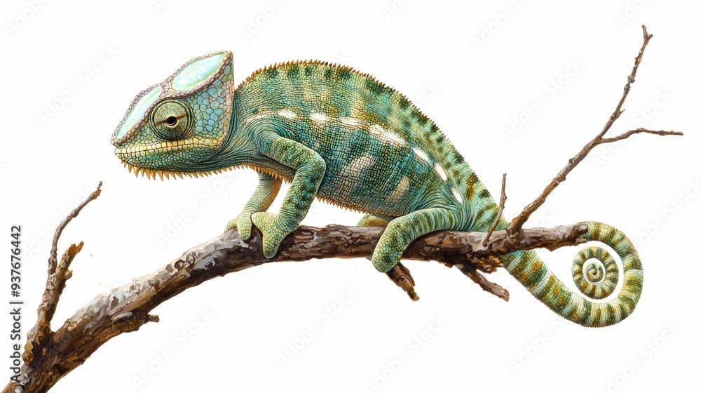 Fototapeta premium A Green Chameleon Perched on a Branch