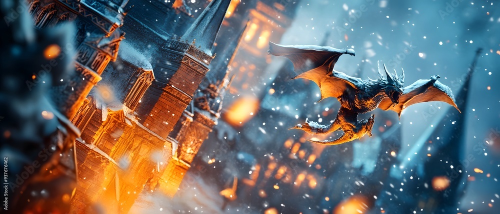 Dragon Flying Over Medieval City in Snow Dragon Flying Over Medieval City in Snow