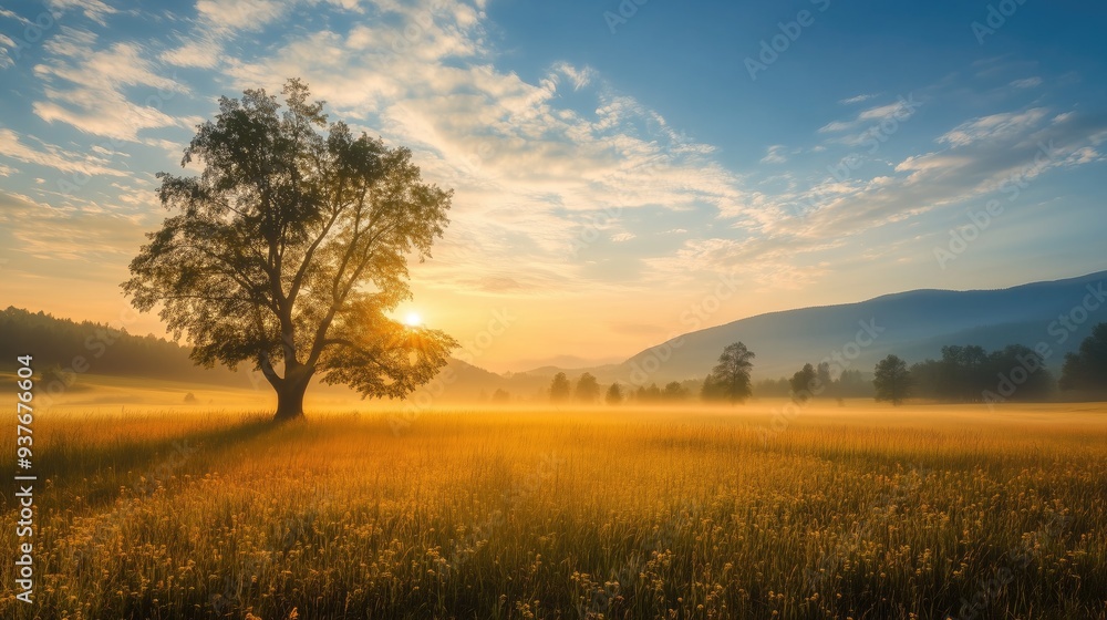 Obraz premium Beautiful photo landscape at sunrise or sutting with rising or setting sun over the morning or evening valley or floral meadow in summer