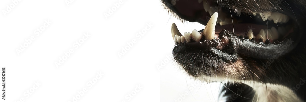 Fototapeta premium Close-up of a dog's open mouth, showing teeth and gums.