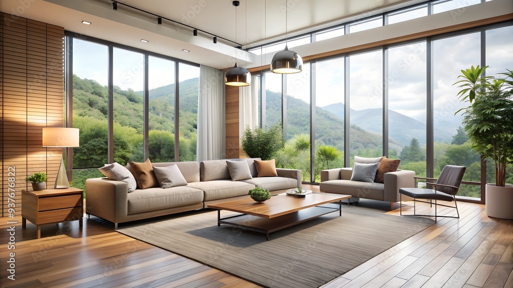 Fototapeta premium Modern living room with a minimalist design and large windows