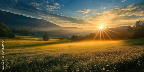 Beautiful photo landscape at sunrise or sutting with rising or setting sun over the morning or evening valley or floral meadow in summer photo