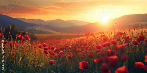 Beautiful photo landscape at sunrise or sutting with rising or setting sun over the morning or evening valley or floral meadow in summer photo