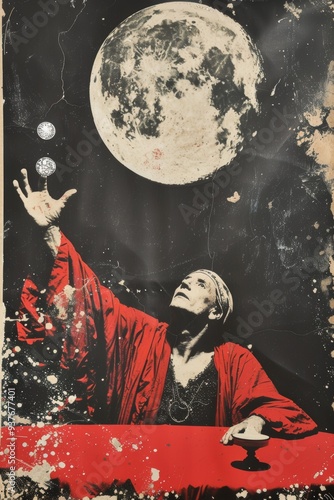 An enchanting and mystical figure is conjuring the vast cosmos under a beautifully radiant full moon