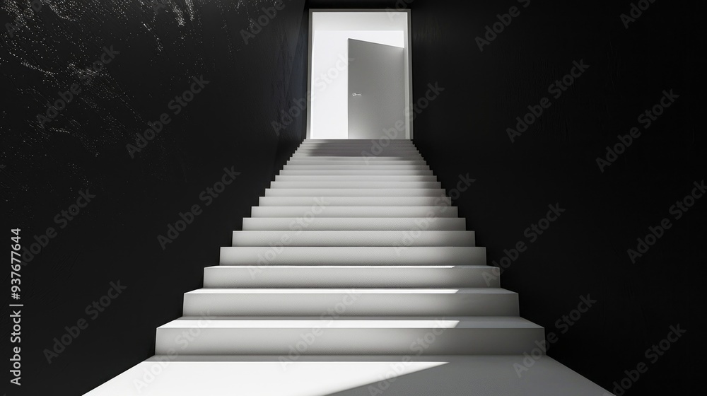Bright white steps ascend into a minimalist space, leading to a wide-open door that invites exploration, contrasting sharply with the dark surroundings