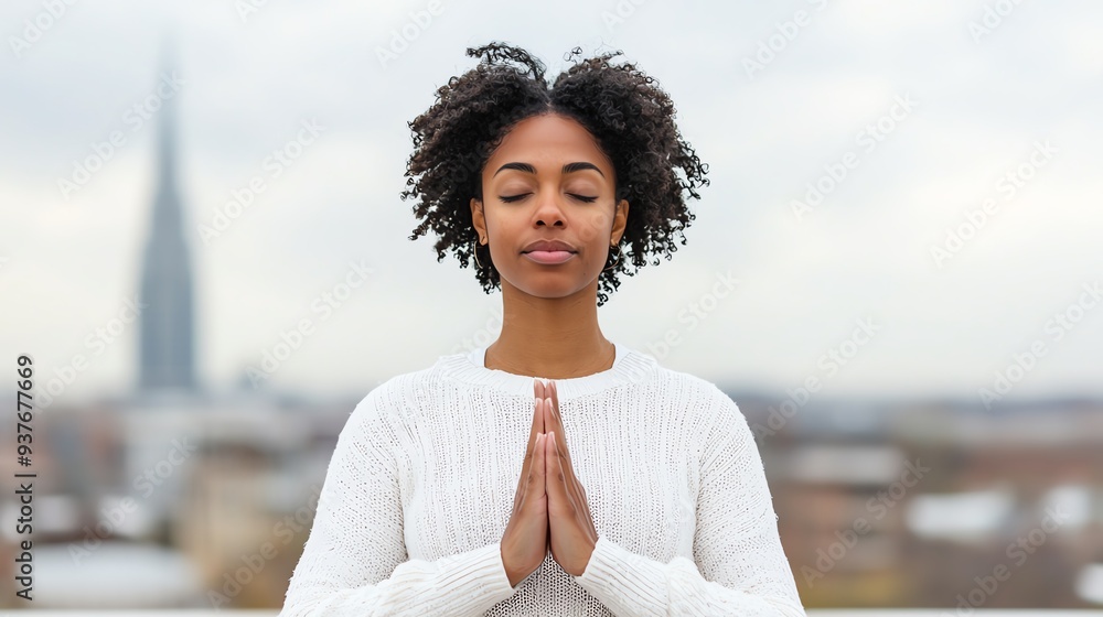 Woman holding a yoga pose, urban rooftop, calm yet determined, goal-setting Woman holding a yoga pose, urban rooftop, calm yet determined, goal-setting