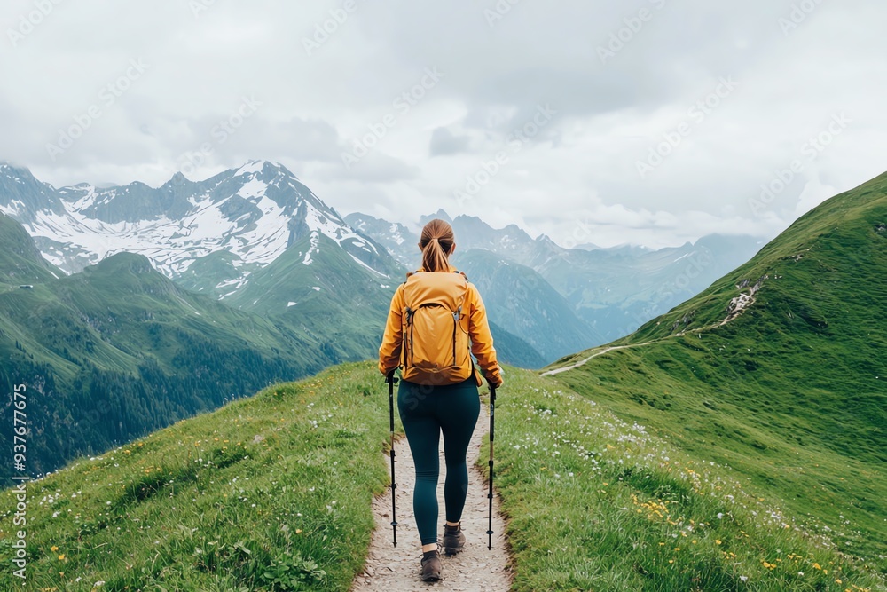 Woman hiking a challenging trail, outdoor adventure, fitness goals, mountain setting Woman hiking a challenging trail, outdoor adventure, fitness goals, mountain setting