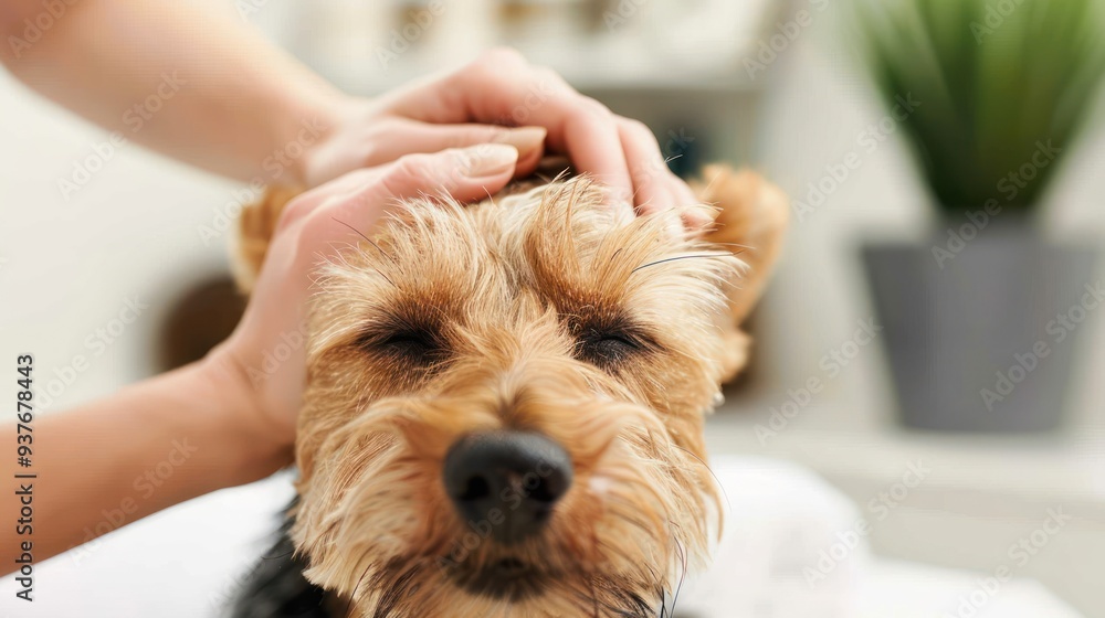 A person's hand gently petting a small dog with its eyes closed. A person's hand gently petting a small dog with its eyes closed.