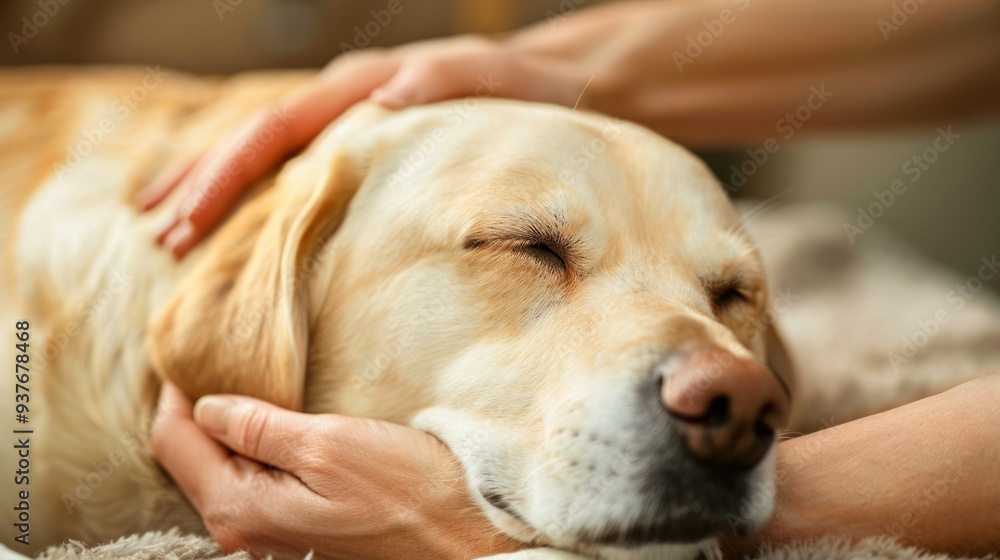 A person's hand gently caressing the head of a sleeping golden retriever. A person's hand gently caressing the head of a sleeping golden retriever.