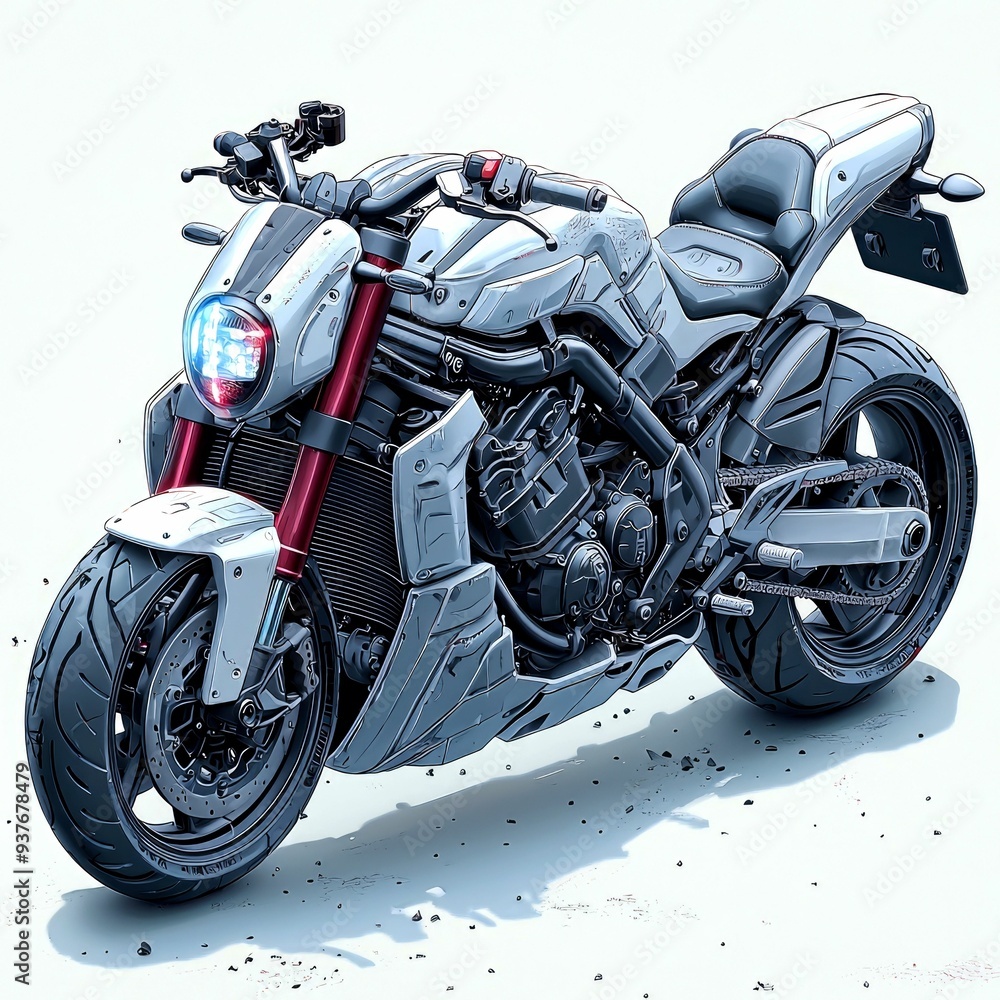 Futuristic Silver Motorcycle with Red and Black Accents Futuristic Silver Motorcycle with Red and Black Accents