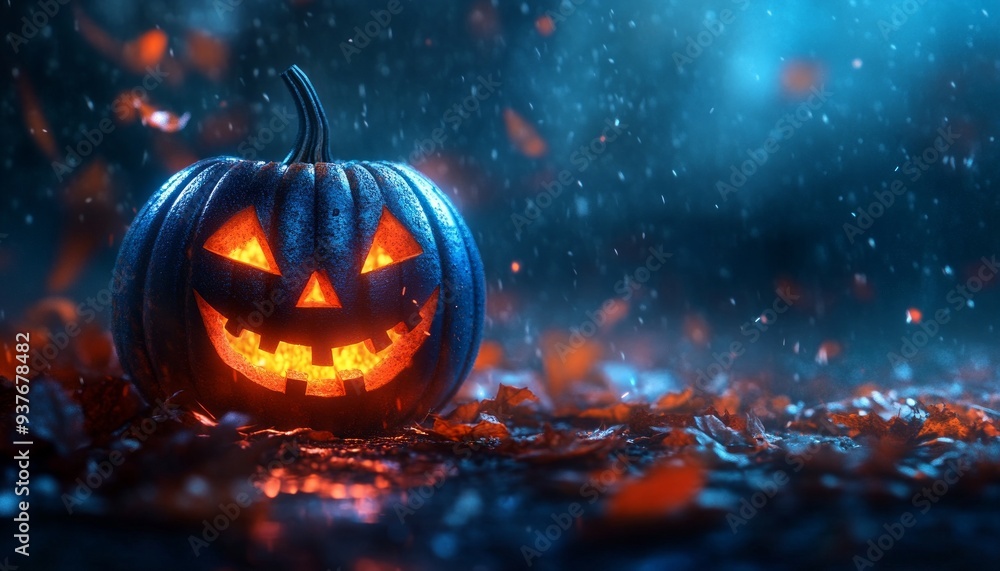 Fototapeta premium Spooky Jack-o'-Lantern with Dark Glowing Lights in Haunted Forest Setting