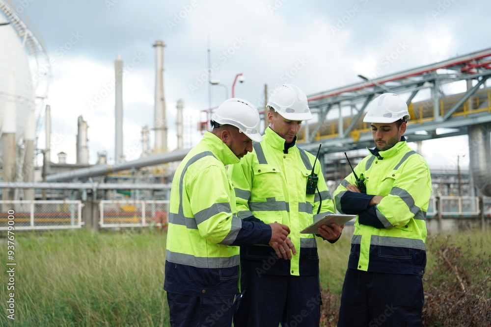 Professional and technical engineer three-person team is checking, maintenance, inspecting and examining to control the quality safety of oil, gas, refinery, fuel at column tank oil of Petrochemistry