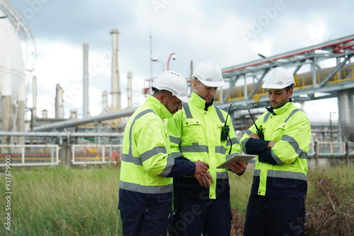 Obraz na płótnie Professional and technical engineer three-person team is checking, maintenance, inspecting and examining to control the quality safety of oil, gas, refinery, fuel at column tank oil of Petrochemistry w salonie