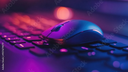 Close-up of a computer mouse hovering over an 'apply now' button, purple isolated background, studio lighting photo