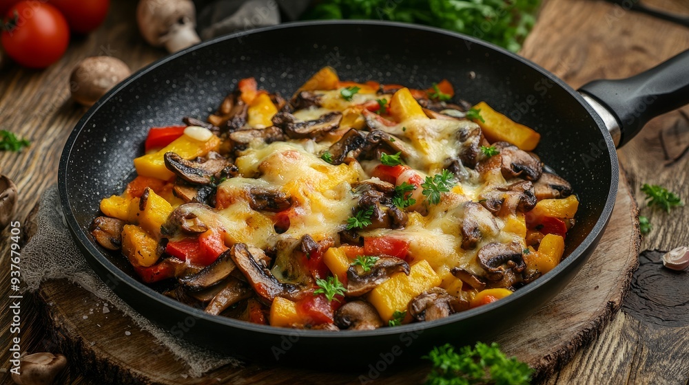 fried veggies in a pan with mushrooms and cheese underneath on a wooden backdrop fried veggies in a pan with mushrooms and cheese underneath on a wooden backdrop
