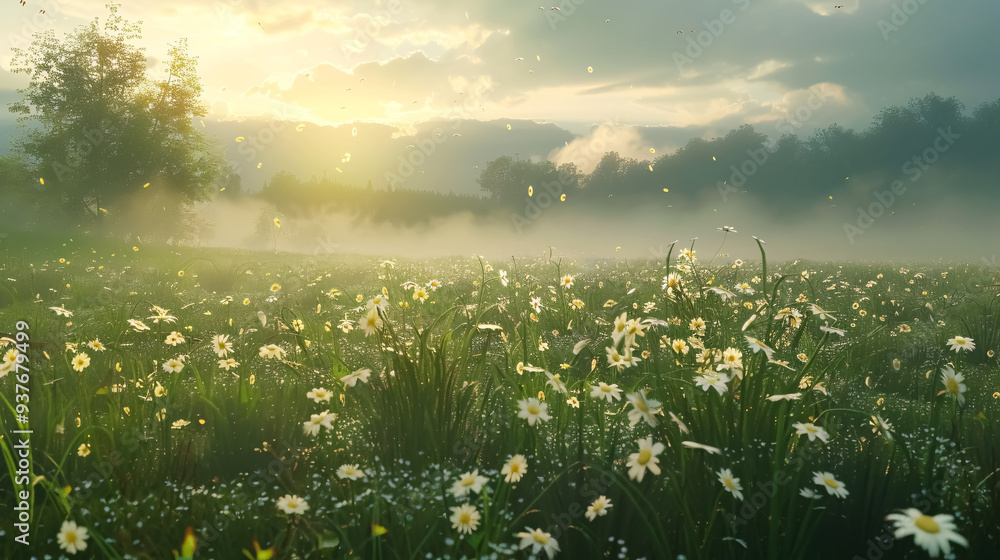 Fototapeta premium Wild Meadow with Morning Mist: Wild meadow with morning mist, conveying a serene natural