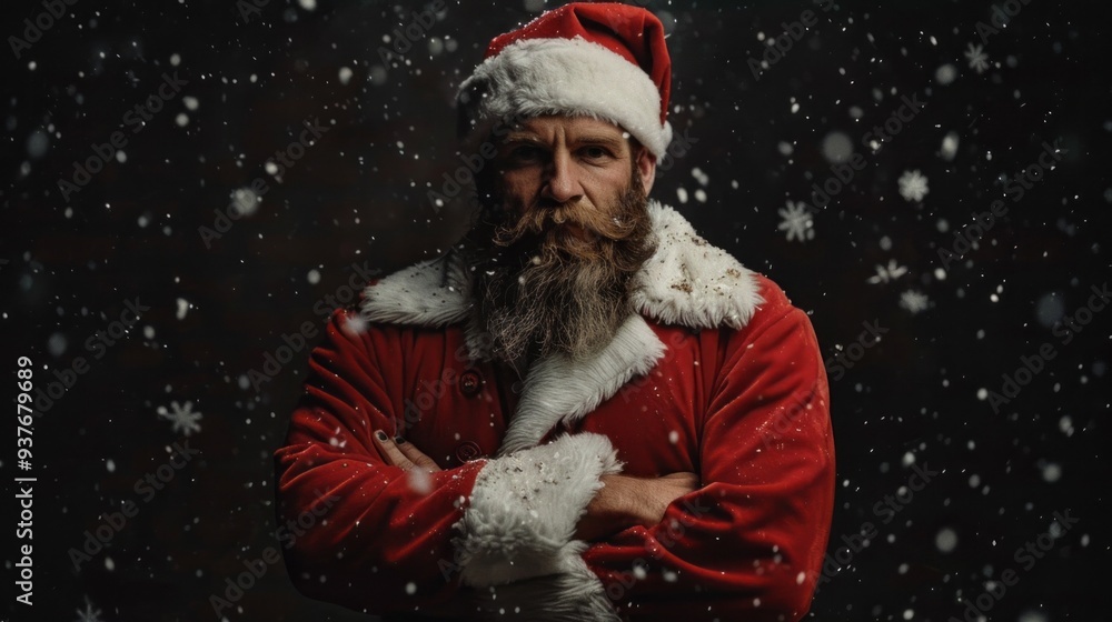Amidst a swirl of falling snowflakes, a robust man dressed as Santa exudes warmth and strength, perfectly embodying the spirit of the season in a charming winter atmosphere Amidst a swirl of falling snowflakes, a robust man dressed as Santa exudes warmth and strength, perfectly embodying the spirit of the season in a charming winter atmosphere