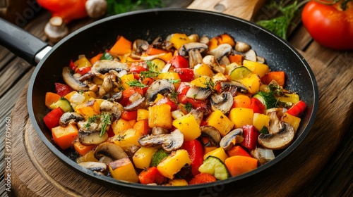 fried veggies in a pan with mushrooms and cheese underneath on a wooden backdrop