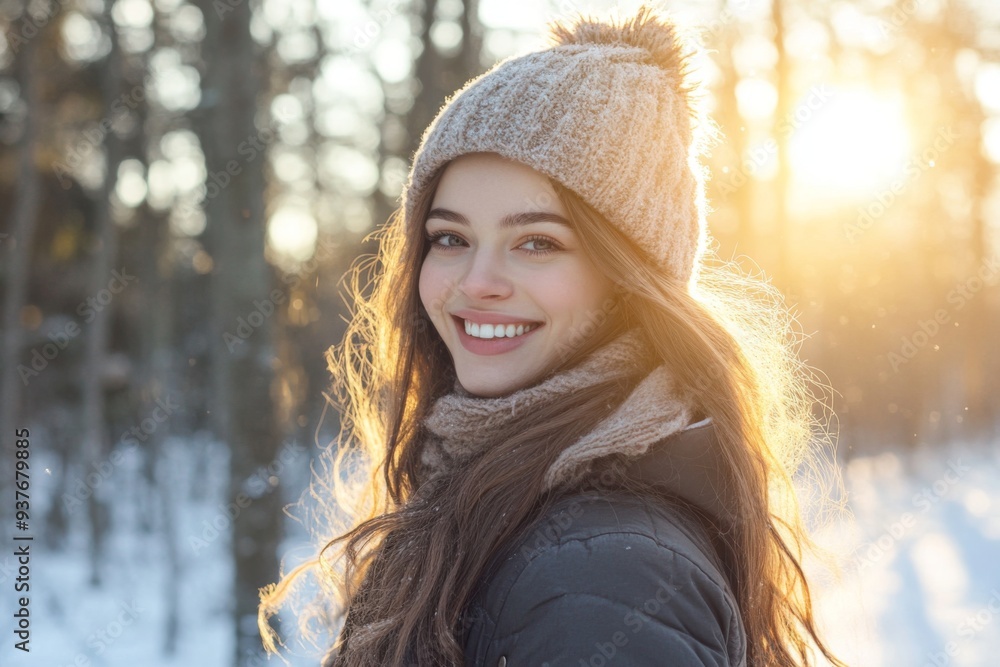 attractive woman with long hair, smiling in the woods during winter attractive woman with long hair, smiling in the woods during winter