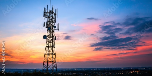 Telecommunication Tower at Sunset with Vibrant Sky and Clouds in the Background