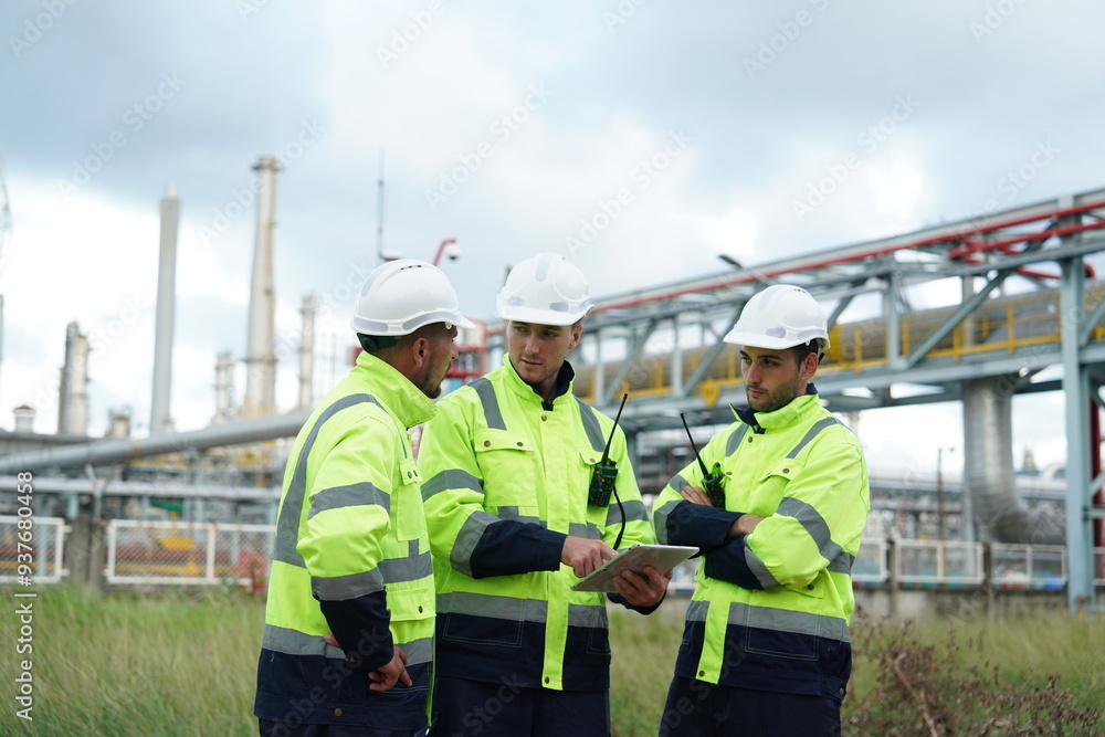 custom made wallpaper toronto digitalThree male engineers in Uniform Holding are standing, discussing the checking of the Gas Leakage Pipe System and Maintenance System and Training Oil Refinen Tank Oil of Petrochemistry Industry.