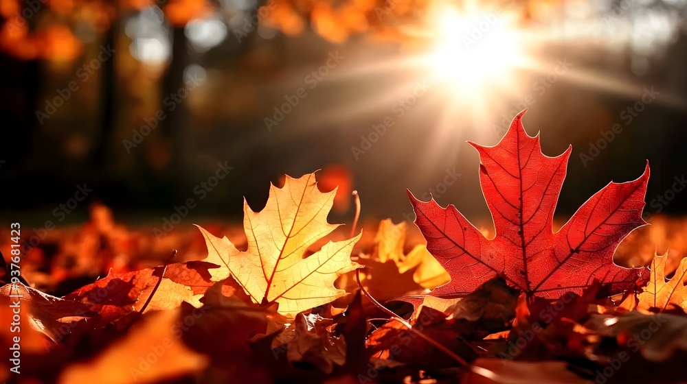 Autumn Leaves Sunlit, Text Space on Blurred Background for Seasonal Design