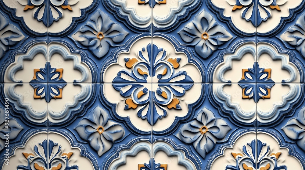 Intricate Blue Ceramic Tile Pattern Featuring Spanish and Portuguese Inspired Design with Floral Elements Intricate Blue Ceramic Tile Pattern Featuring Spanish and Portuguese Inspired Design with Floral Elements