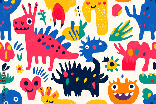 Fototapeta Naklejka Na Ścianę i Meble -  A fun and vibrant seamless pattern with colorful cartoon dinosaurs and plants, ideal for children's designs, featuring red, blue, yellow, and green tones.