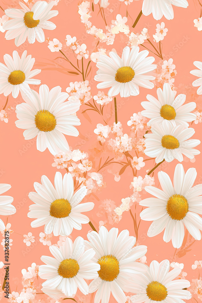 A seamless daisy pattern on a peach background featuring large white daisy flowers with yellow centers. The soft and warm color palette creates a cheerful and light atmosphere. A seamless daisy pattern on a peach background featuring large white daisy flowers with yellow centers. The soft and warm color palette creates a cheerful and light atmosphere.
