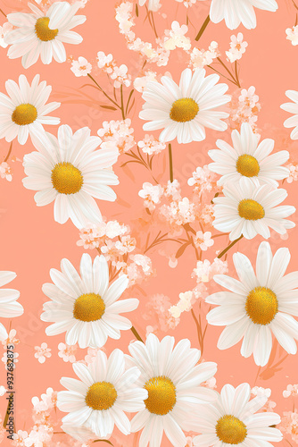 A seamless daisy pattern on a peach background featuring large white daisy flowers with yellow centers. The soft and warm color palette creates a cheerful and light atmosphere.