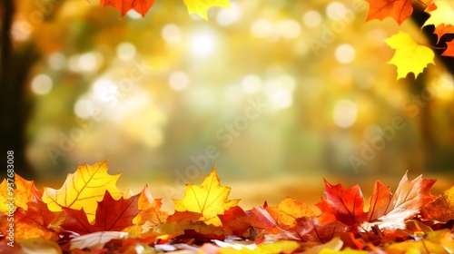 Autumn Leaves Sunlit, Text Space on Blurred Background for Seasonal Design