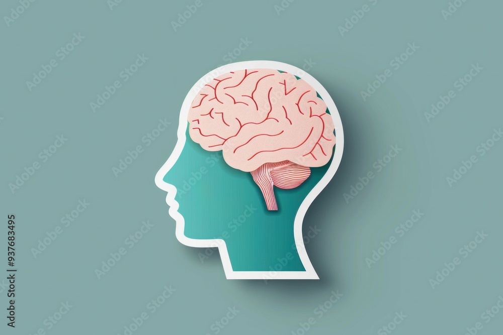 Illustration of a human head silhouette with a brain, set against a pastel green background Modern design with a focus on mental health and psychology Illustration of a human head silhouette with a brain, set against a pastel green background Modern design with a focus on mental health and psychology